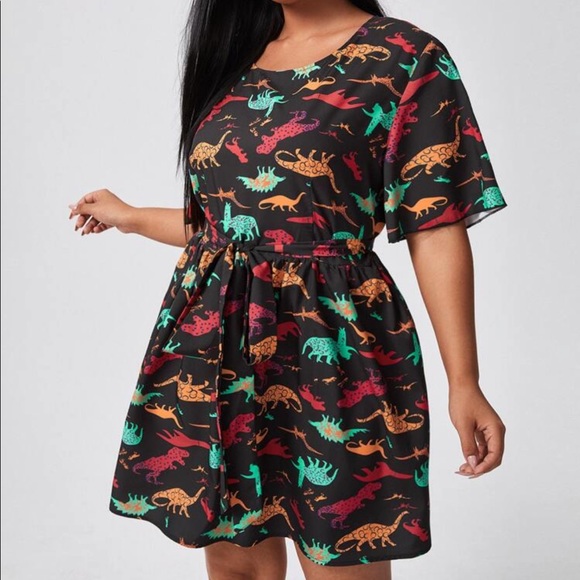 Jla veux !!! Plus All Over Dinosaur Print Belted A-line Dress Size 0X - Picture 2 of 11